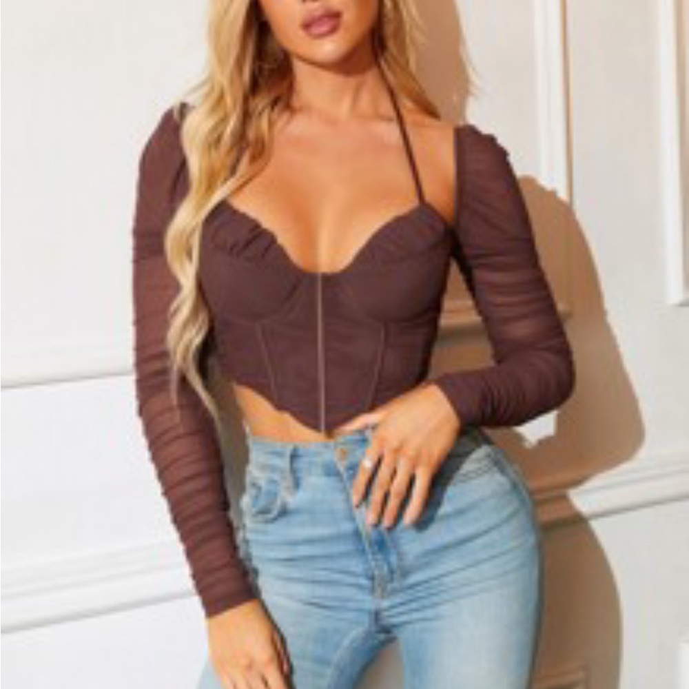 Tie Backless Ruched Hanky Hem Mesh Crop Corset Top